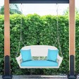 White Resin Wicker Porch Swing with Sky Blue Cushion