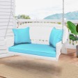 White Resin Wicker Porch Swing with Sky Blue Cushion