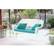 White Resin Wicker Porch Swing with Turquoise Cushion