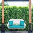 White Resin Wicker Porch Swing with Turquoise Cushion