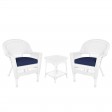 White Wicker Chair And End Table Set With Midnight Blue Chair Cushion