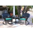 3pc Black Rocker Wicker Chair Set With Turquoise Cushion