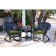 3pc Black Rocker Wicker Chair Set With Hunter Green Cushion