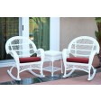 3pc Santa Maria White Rocker Wicker Chair Set - Red Cushions