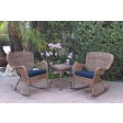 Windsor Honey Wicker Rocker Chair And End Table Set With Midnight Blue Chair Cushion
