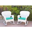 Set of 2 Windsor White Resin Wicker Rocker Chair with Turquoise Cushions