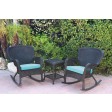 Windsor Black Wicker Rocker Chair And End Table Set With Sky Blue Chair Cushion