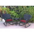 Windsor Black Wicker Rocker Chair And End Table Set With Red Chair Cushion