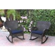 Set of 2 Windsor Espresso Resin Wicker Rocker Chair with Midnight Blue Cushions