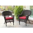Espresso Wicker Chair With Brick Red Cushion - Set of 4