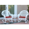 3pc Santa Maria White Rocker Wicker Chair Set - Brick Red Cushions