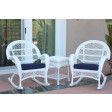 3pc Santa Maria White Rocker Wicker Chair Set - Midnight Blue Cushions