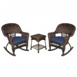 3pc Espresso Rocker Wicker Chair Set With Midnight Blue Cushion
