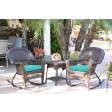 3pc Espresso Rocker Wicker Chair Set With Turquoise Cushion