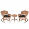 3pc Honey Rocker Wicker Chair Set With Cushion