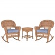 3pc Honey Rocker Wicker Chair Set With Cushion