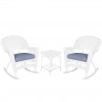 3pc White Rocker Wicker Chair Set With Cushion