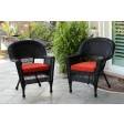 Black Wicker Chair With Brick Red Cushion - Set of 2