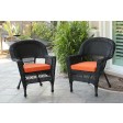 Black Wicker Chair With Orange Cushion - Set of 4