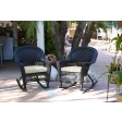 Black Rocker Wicker Chair with Ivory Cushion -  Set of 2