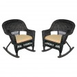 Black Rocker Wicker Chair with Tan Cushion -  Set of 2