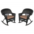 Black Rocker Wicker Chair with Brown  Cushion -  Set of 2