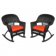 Black Rocker Wicker Chair with Brick Red Cushion -  Set of 2