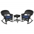 3pc Black Rocker Wicker Chair Set With Midnight Blue Cushion