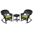 3pc Black Rocker Wicker Chair Set With Sage Green Cushion