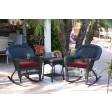 3pc Black Rocker Wicker Chair Set With Red Cushion