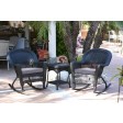 3pc Black Rocker Wicker Chair Set With Steel Blue Cushion