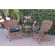 Windsor Honey Wicker Chair And End Table Set With Midnight Blue Chair Cushion