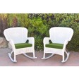 Set of 2 Windsor White Resin Wicker Rocker Chair with Hunter Green Cushions
