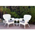 Windsor White Wicker Chair And End Table Set With Steel Blue Chair Cushion