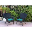 Set of 2 Windsor Black Resin Wicker Chair with Turquoise Cushion
