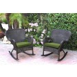 Set of 2 Windsor Espresso Resin Wicker Rocker Chair with Hunter Green Cushions