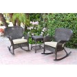 Windsor Espresso Wicker Rocker Chair And End Table Set With Ivory Chair Cushion