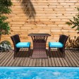 3PC WICKER CHAIR/TABLE BISTRO SET BROWN / TURQ CUSHION